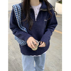 Gentle College Polka Dot Embroidery Polo Sweater Women