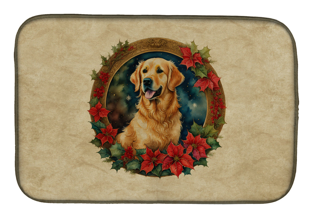 Golden Retriever Christmas Flowers Dish Drying Mat