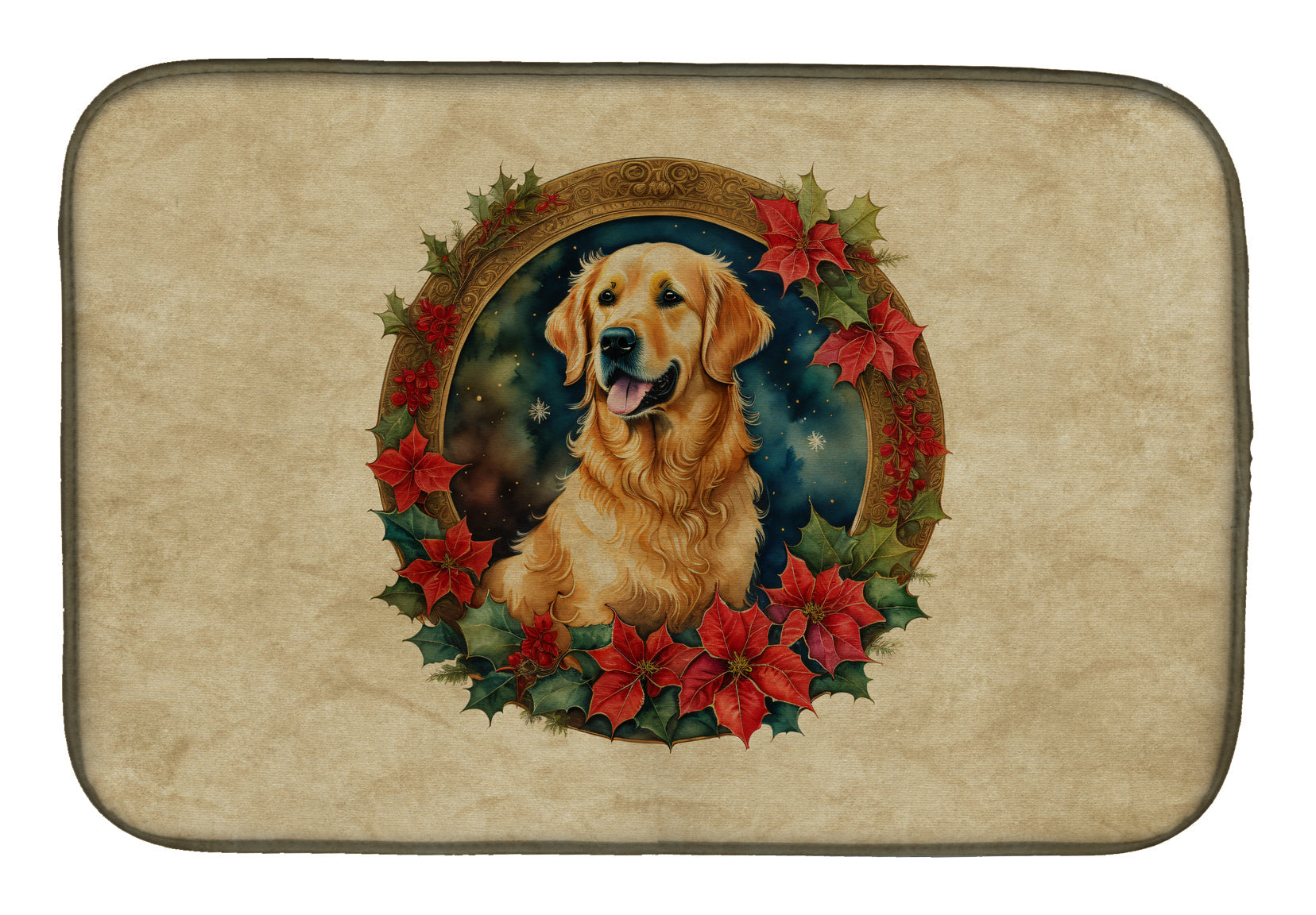 Golden Retriever Christmas Flowers Dish Drying Mat