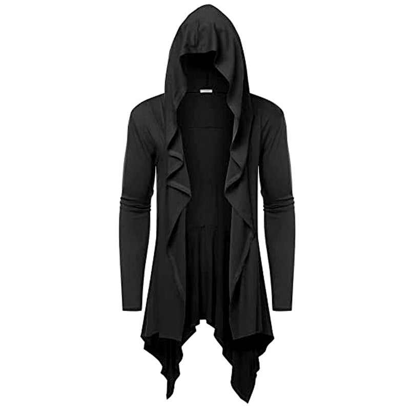 Retro Hooded Long Cardigan with Pleated Shawl