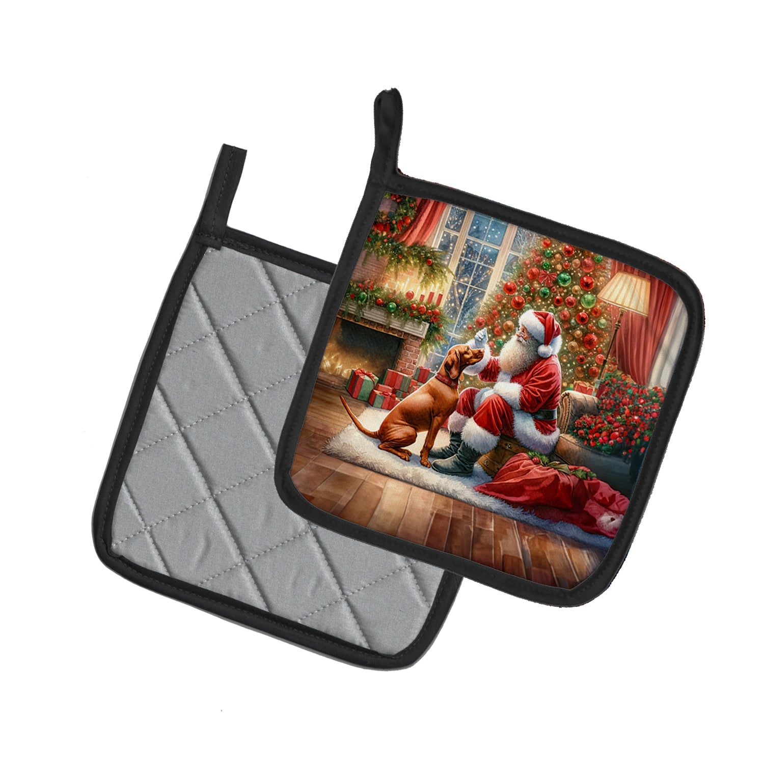 Vizsla and Santa Claus Pair of Pot Holders