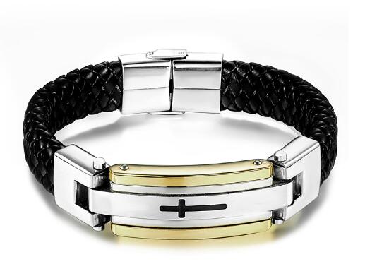 Vintage Leather Cross Bracelet in Stainless Steel