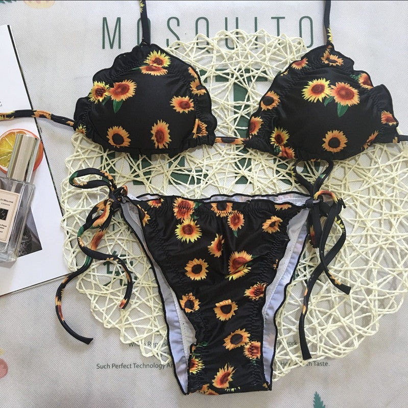 Bikini with Sunflower Print and Ruffled Ties