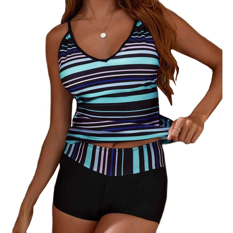 Plus Size Striped Tankini Two-Piece Swimwear for Women