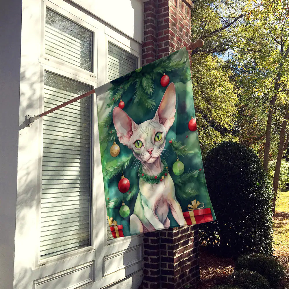 Minskin Cat By the Christmas Tree House Flag