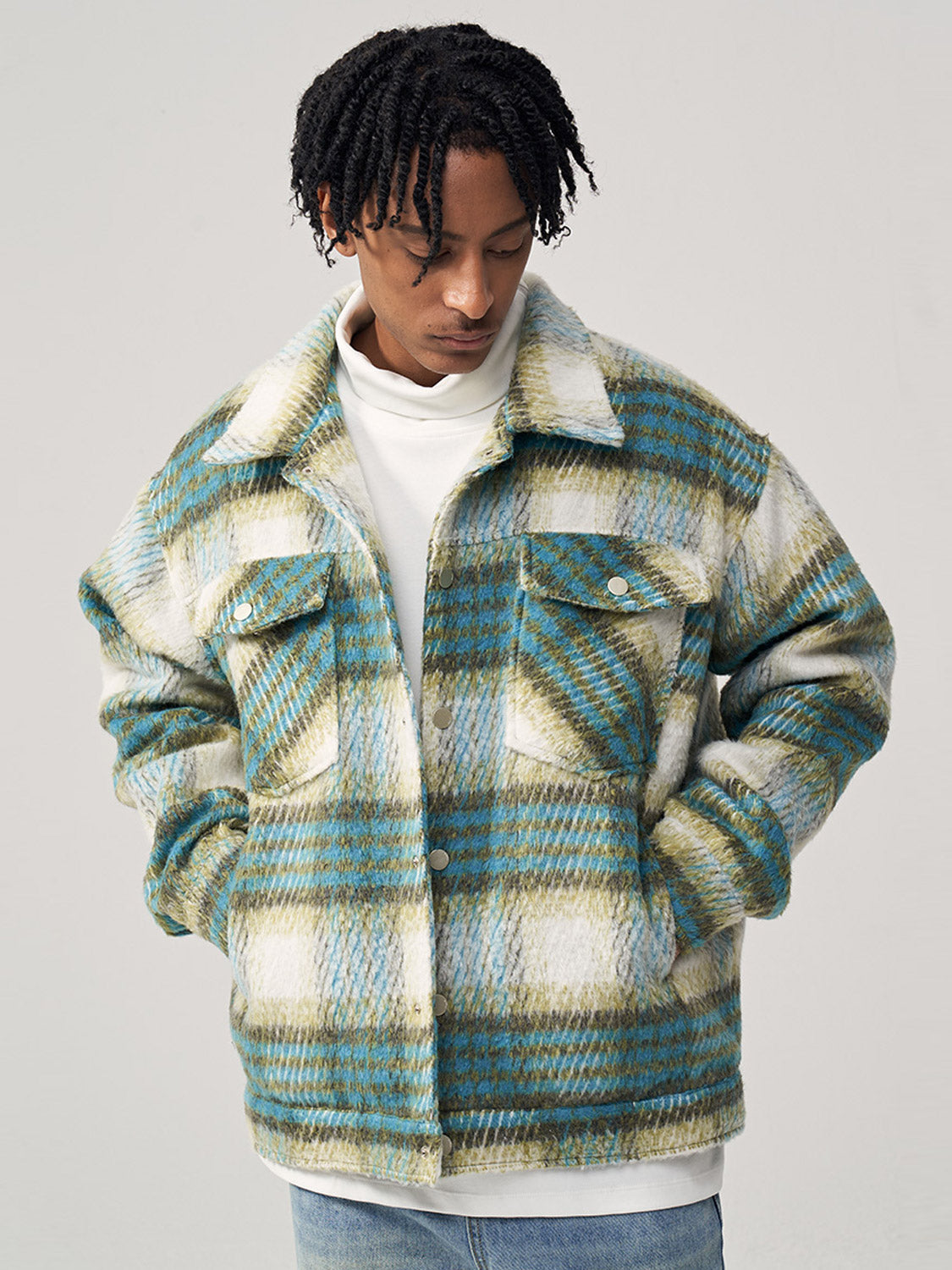 Coarse Checked Wool Clip Shirt Jacket for Loose Fit