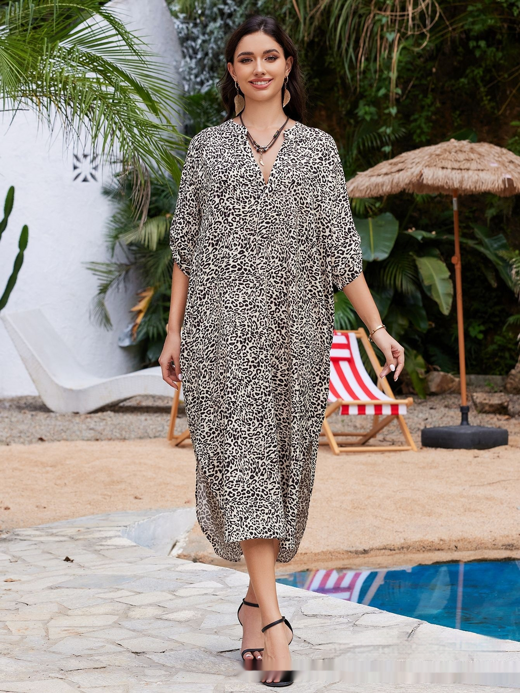 Leopard Print Beach Cover-Up Shirt Dress