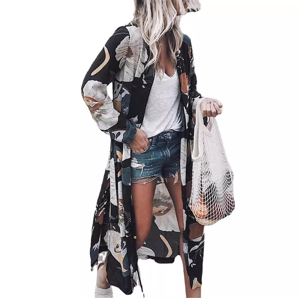 Long Chiffon Beach Cover-Up with Floral Print for Women