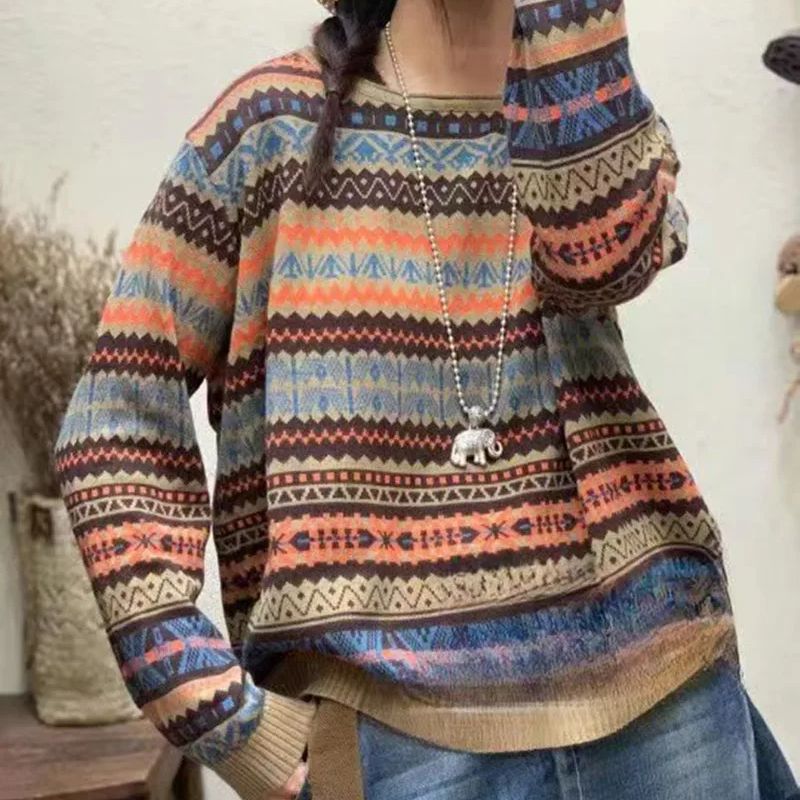 Limiguyue Retro Jacquard Pattern Wool Sweater for Women