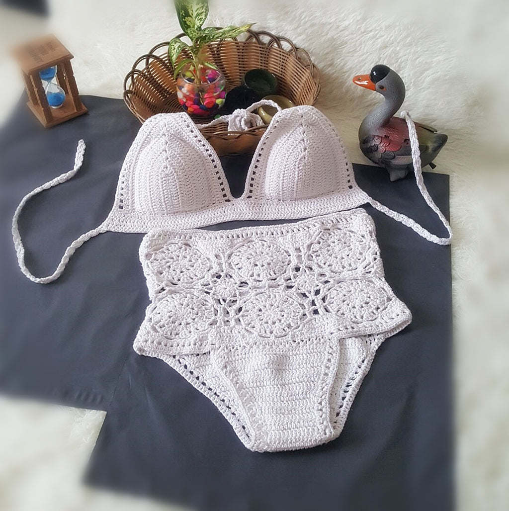 High-Waisted Solid Color Crochet Bikini Set