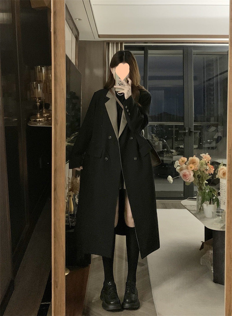 Simple Contrast Lapel Double Breasted Jacket