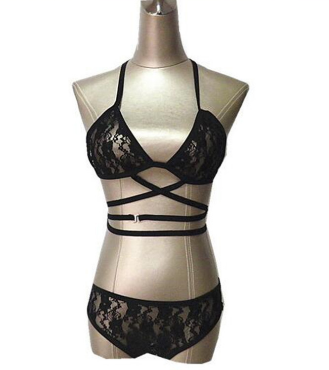 Women's Red Lace Strappy Bra and Thong Lingerie Set