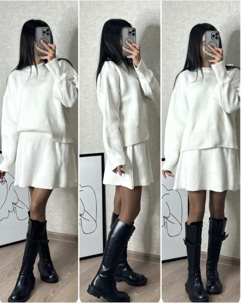 Casual College-Style Knit Skirt Set for Women