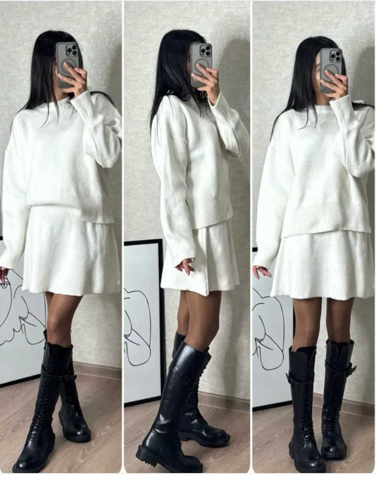Casual College-Style Knit Skirt Set for Women