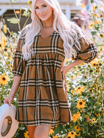 Printed Checks Dress for Women - Retro V-neck Pullover | Streetwear