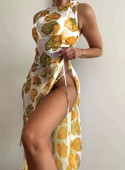 Minimalist Sexy Three-Piece Green Floral Bikini Set