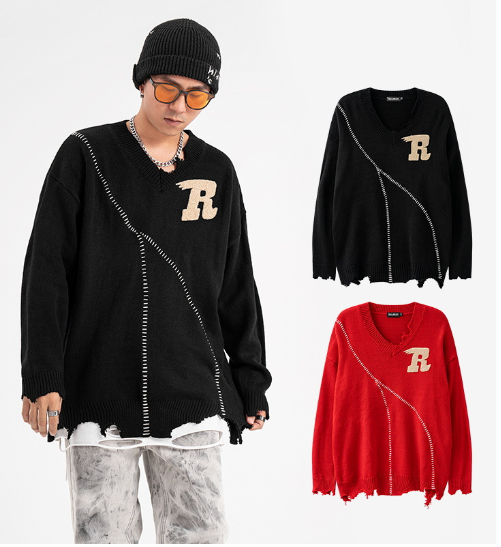 Chaopai Loose Long-sleeved Sweater with Frayed Edges