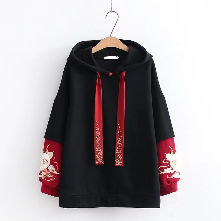 Mid-Length High-Neck Hooded Sweater with Koi Embroidery