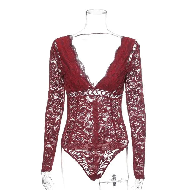 Women's Hollow Long-Sleeved Deep V Bodysuit Jumpsuit