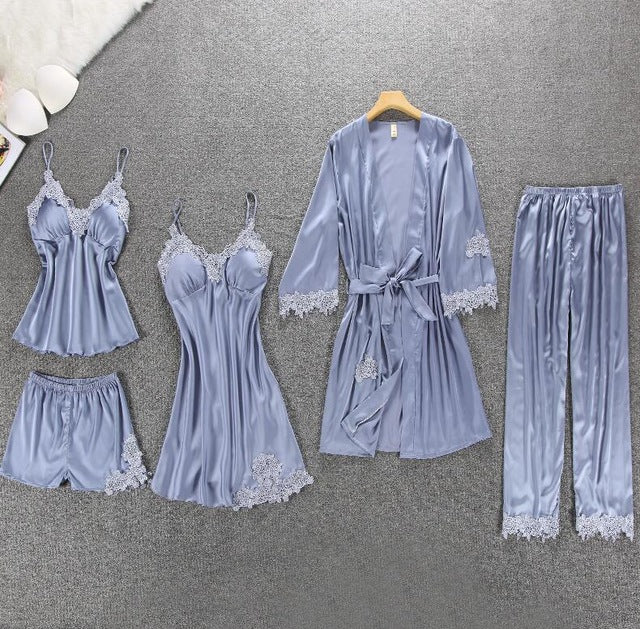 Silk Lace Nightgown Set with Padded Robe (5 Pieces)