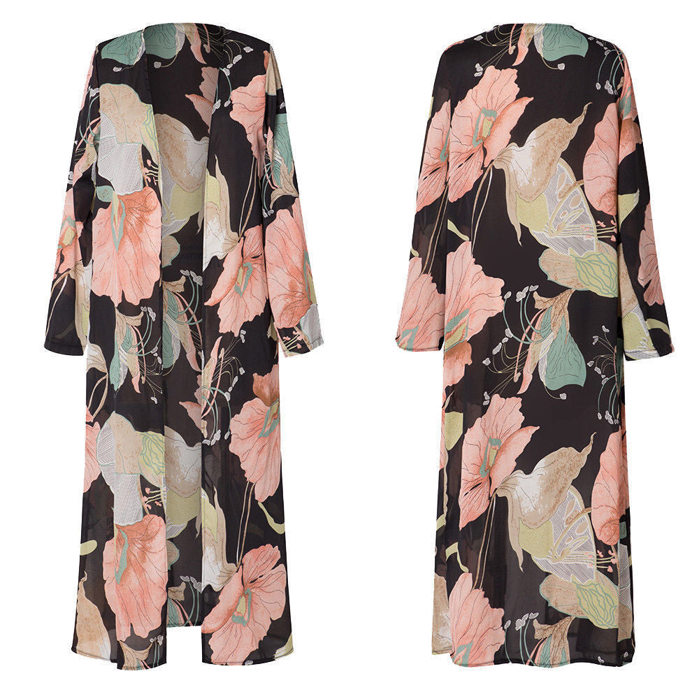 Long Chiffon Beach Cover-Up with Floral Print for Women