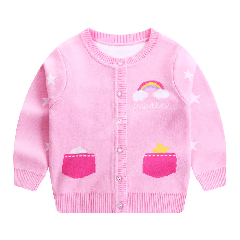 Knitted Girls Cardigan with Double Layer and Fake Pockets