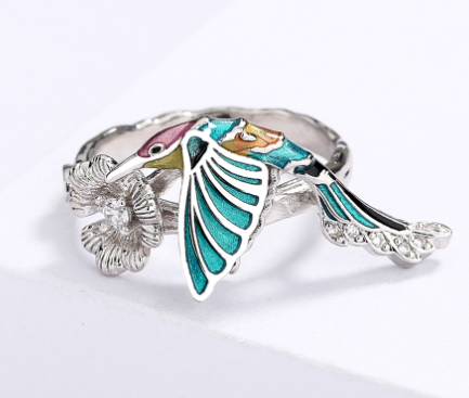 Enamel Hummingbird Flower Ring