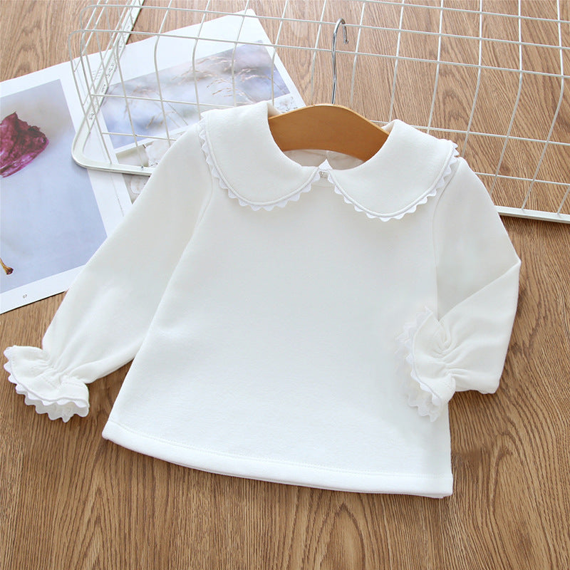 Beige Fleece-lined Long-sleeve Baby T-shirt with Lace Collar | Streetwear