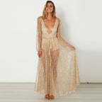 Sheer Sequin Long-Sleeve Beach Cover-Up
