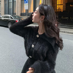 White Short Knit Cardigan with Fur Collar and Cuffs