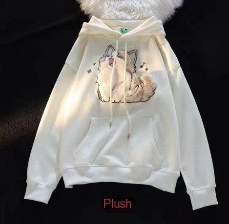 Embroidered Kitten Women's Fleece-lined Hooded Sweatshirt | Streetwear