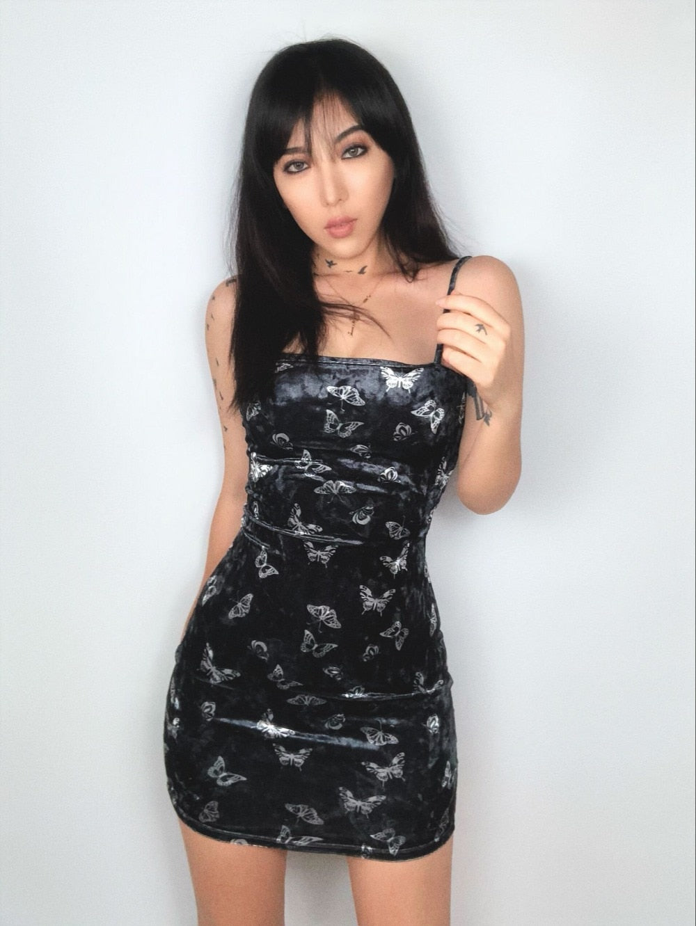 Black Velvet Butterfly Print Slim Fit Cami Dress