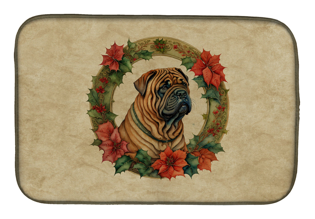 Shar Pei Christmas Flowers Dish Drying Mat