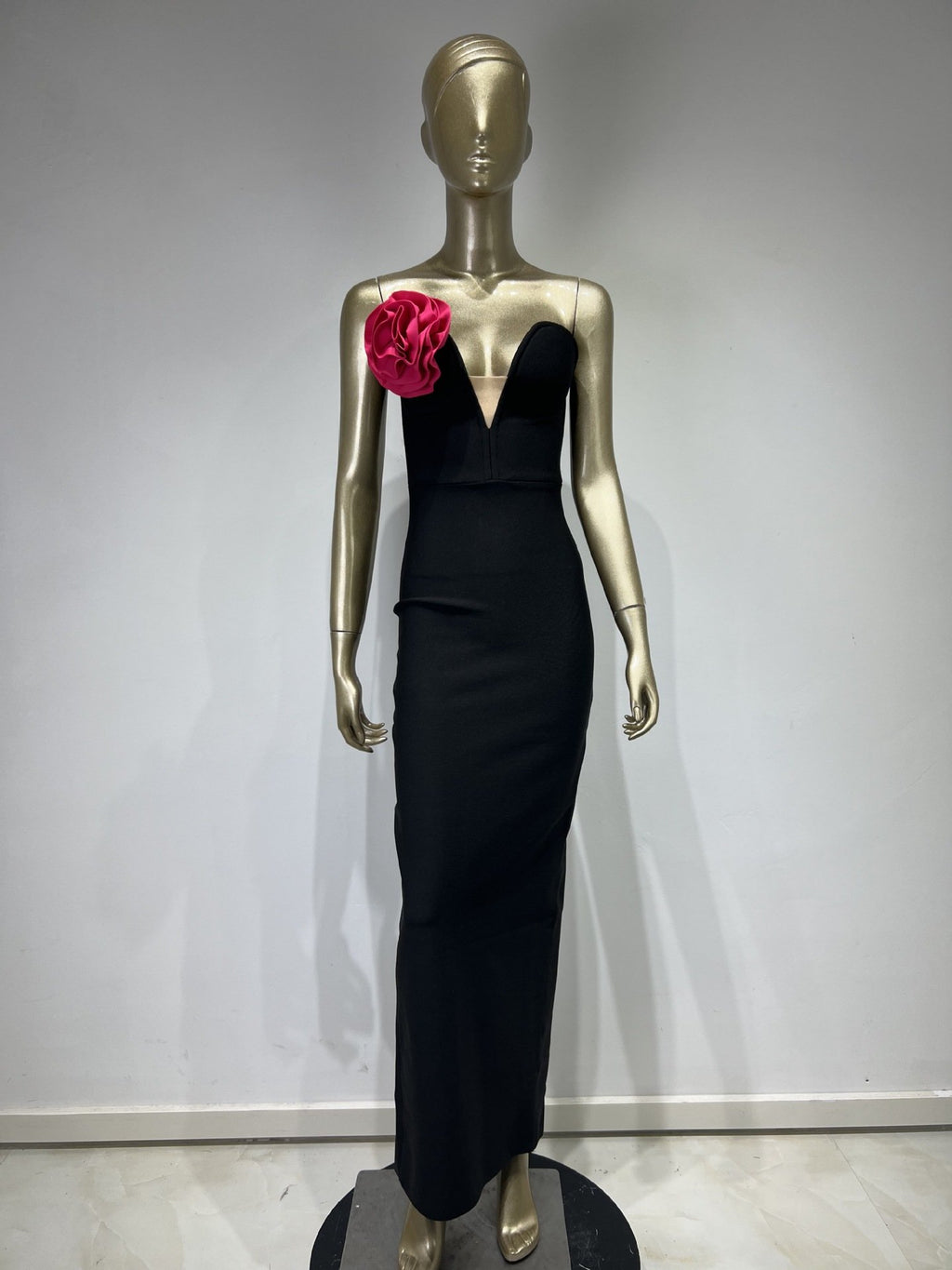 Black Tube Top Deep V Applique Bandage Dress