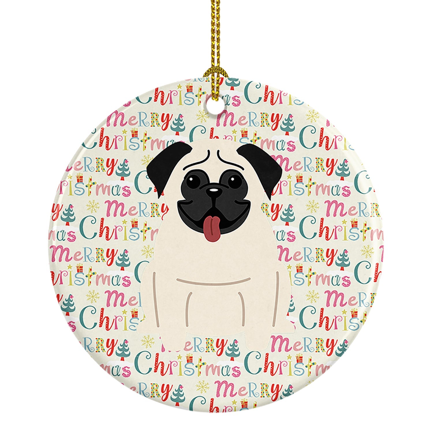 Merry Christmas Pug Cream Ceramic Ornament