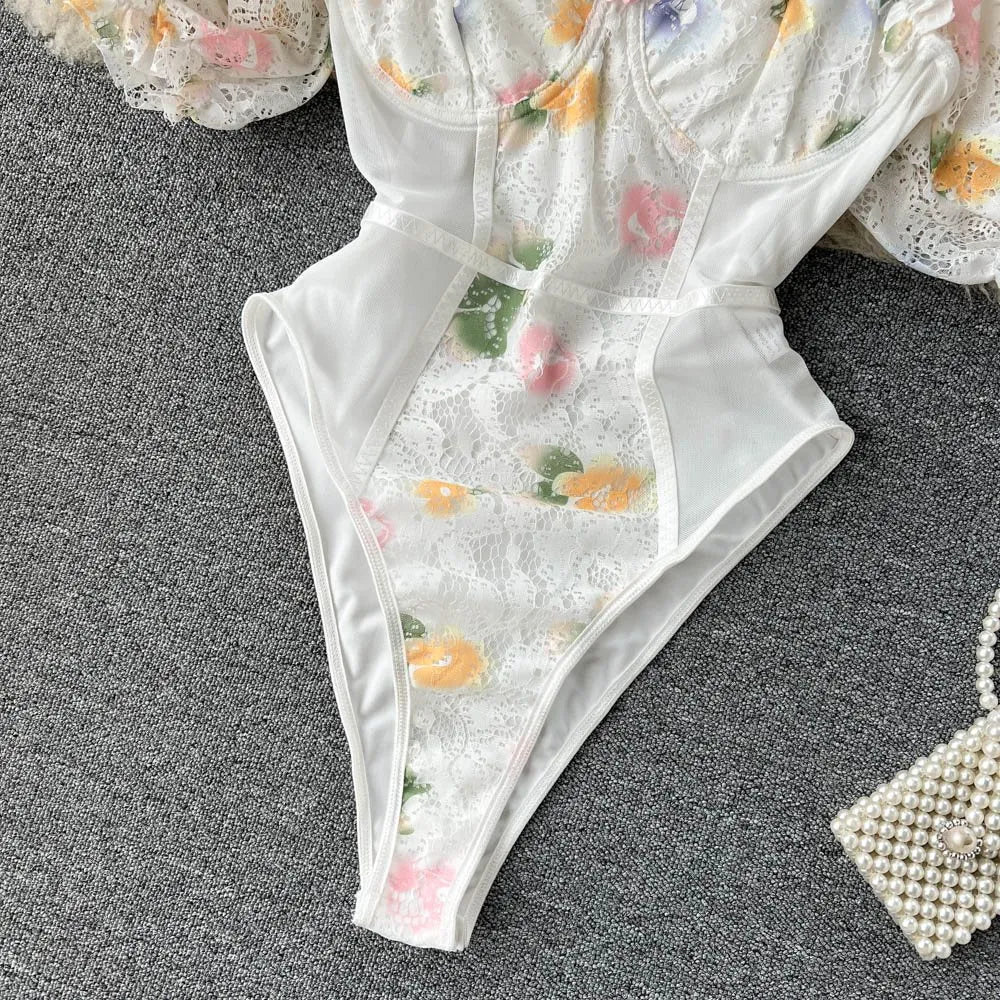 Spicy Girl Lace Panel High Fork BodysuiT