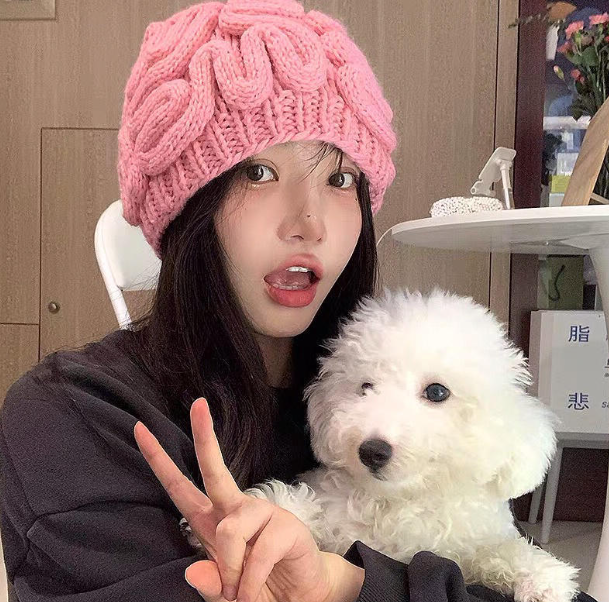 Pink Knitted Wool Hat for Women | Embroidered Cap