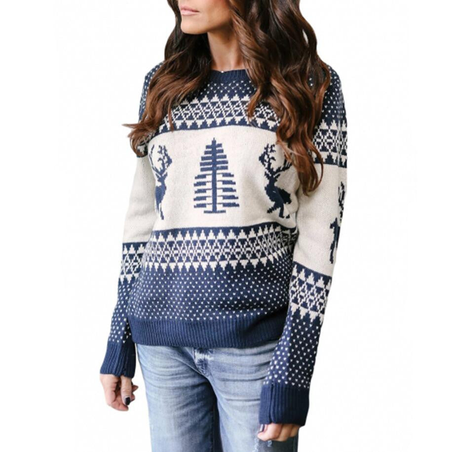 Knitted Round Neck Sweater with Reindeer Pattern