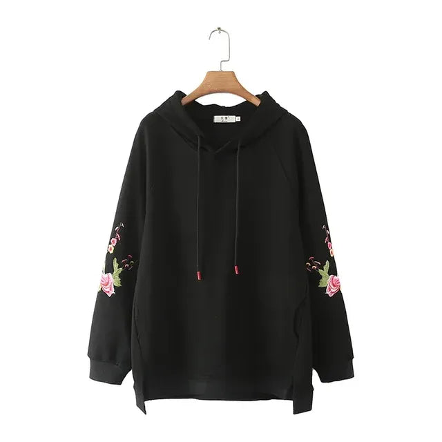 Plus Size Hoodie Pullover with Peony Embroidery for Women | Streetwear