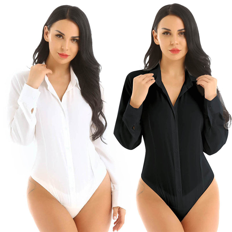 Women's Long-Sleeve Lapel Bodysuit Shirt