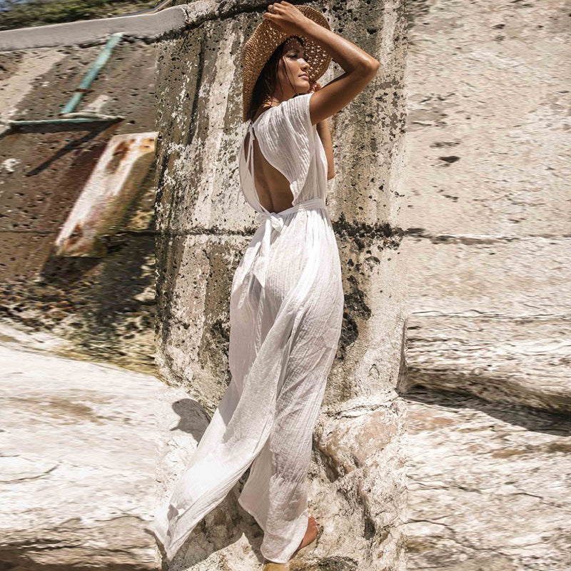 Wrinkle Fabric Belted Beach Coat and Cover-Up Dress