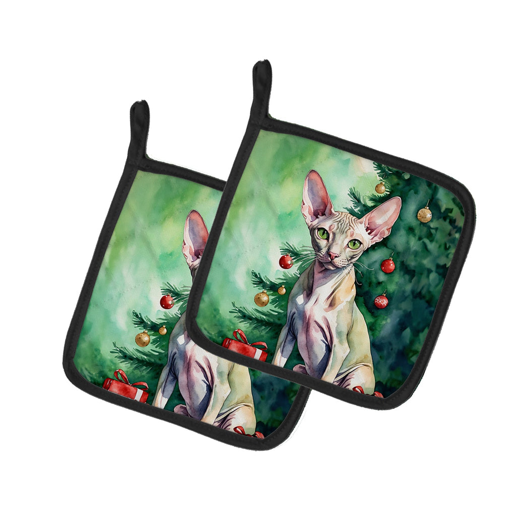 Peterbald Cat By the Christmas Tree Pair of Pot Holders