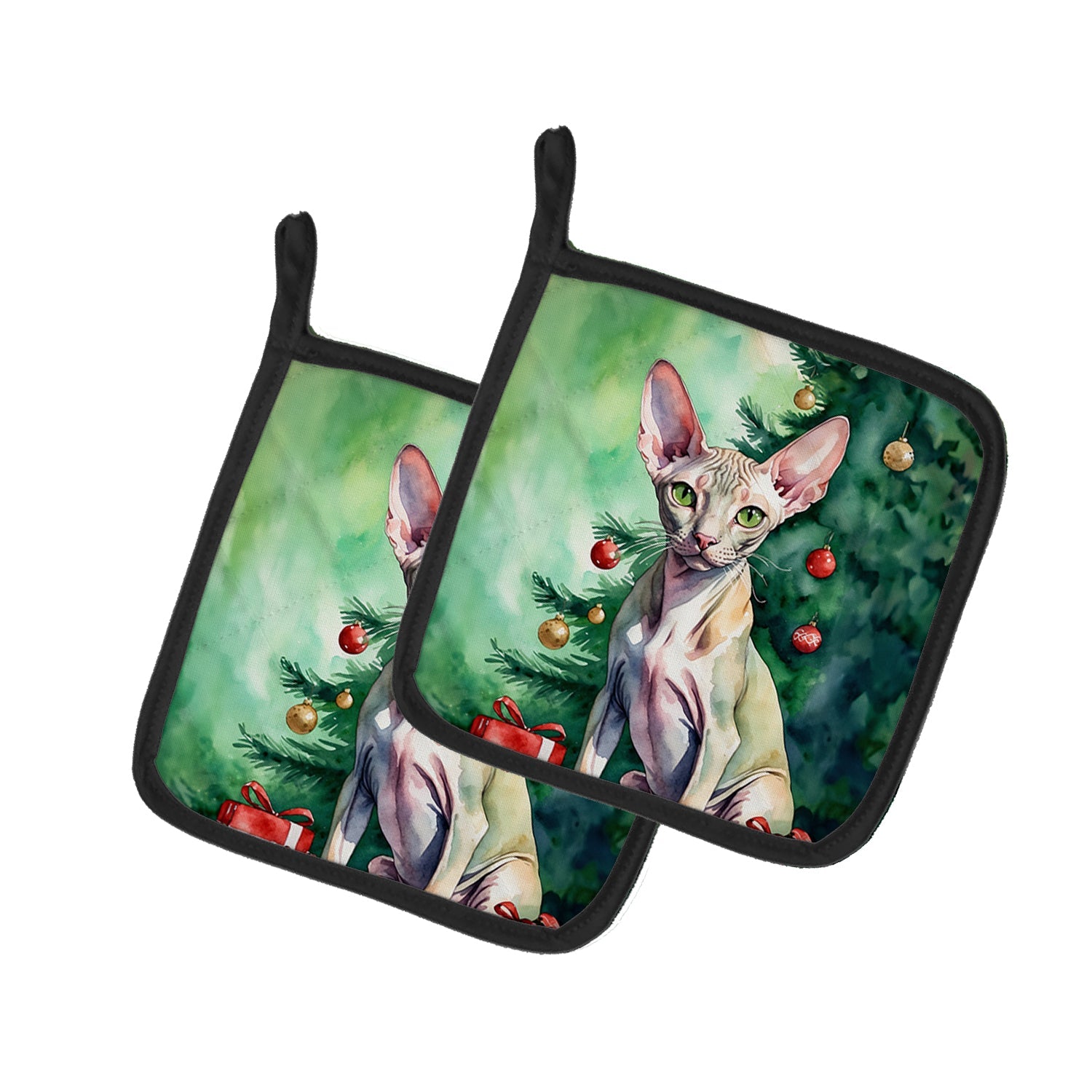 Peterbald Cat By the Christmas Tree Pair of Pot Holders