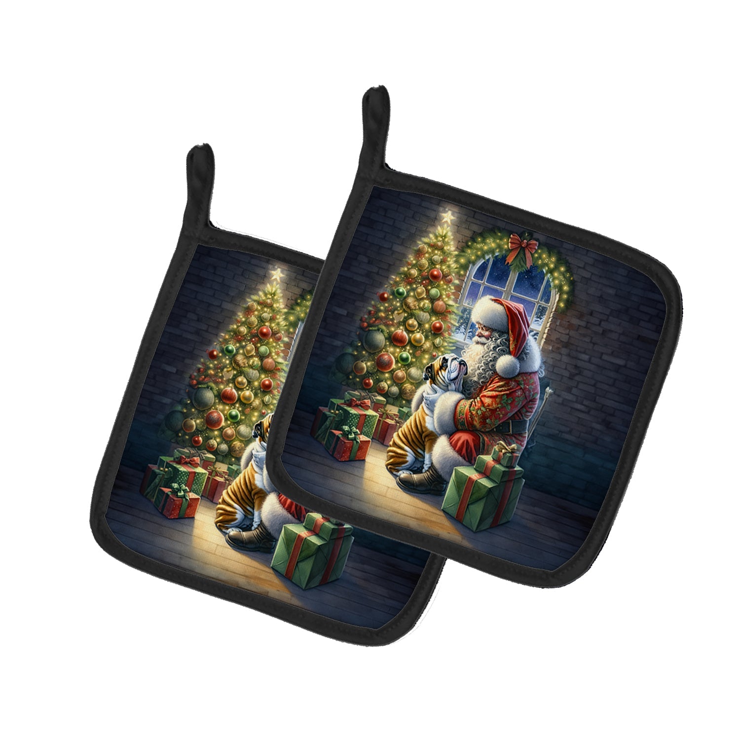 English Bulldog and Santa Claus Pair of Pot Holders
