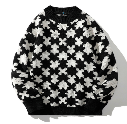Men's Loose Casual Sweater with Jacquard Puzzle Design