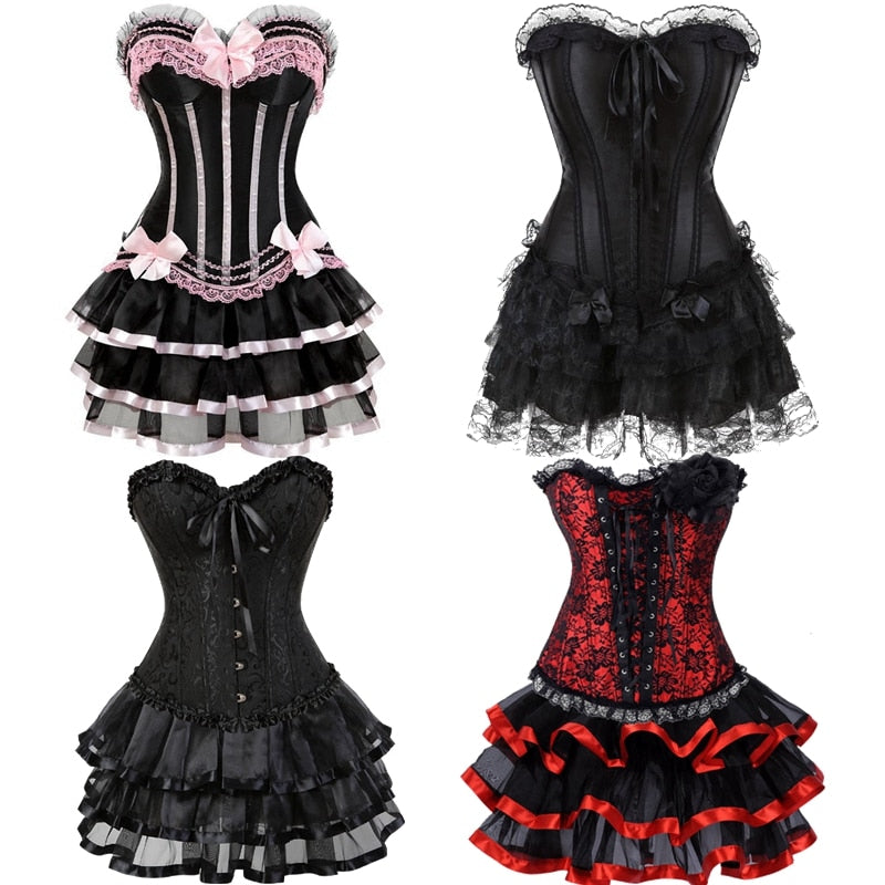 Striped Body Shaping Lingerie Set with Lace Skirt
