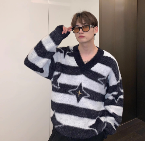 Niche Striped V-neck Sweater for Men in Casual Style