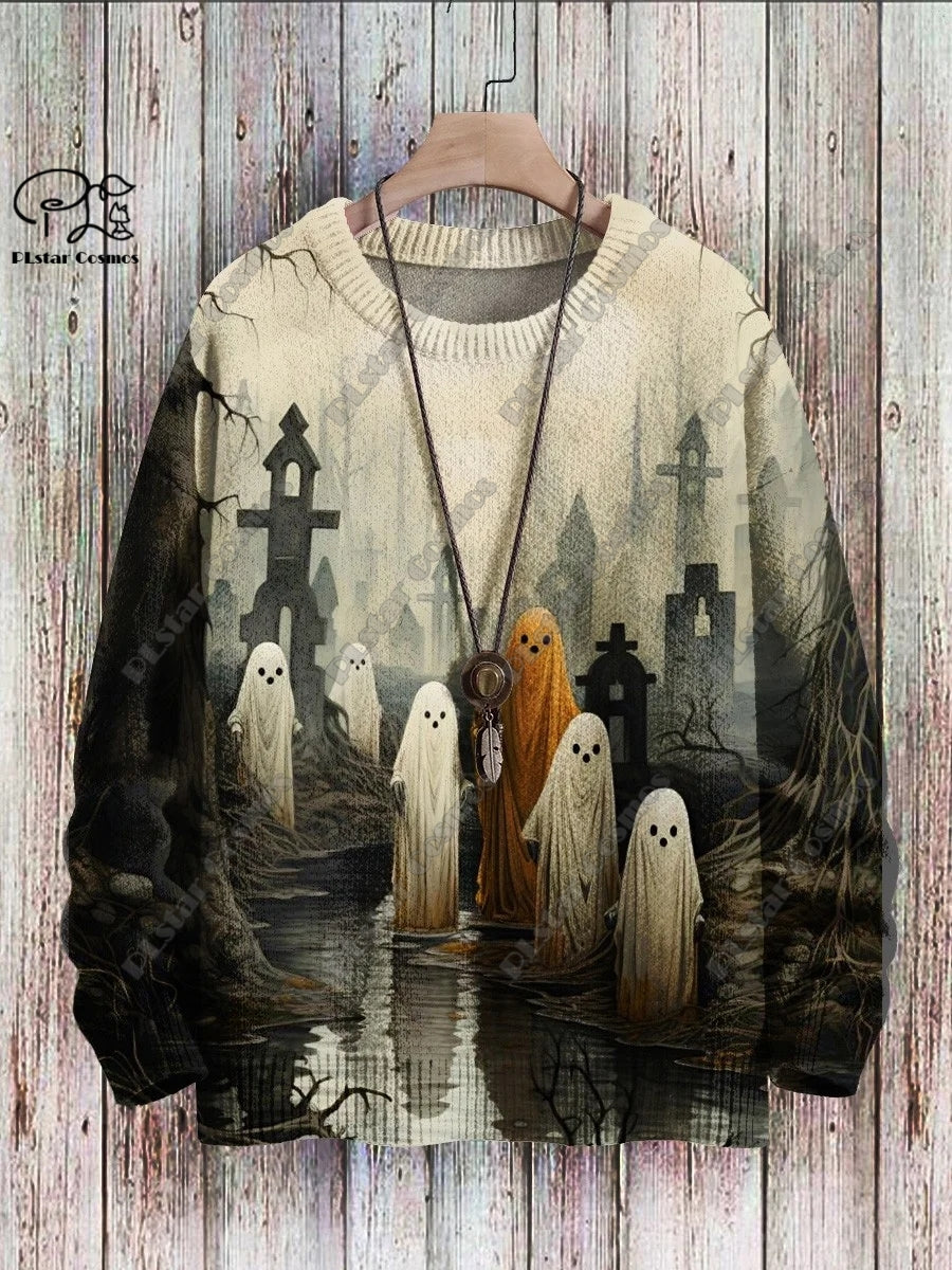 3D Printed Halloween Ghost Pattern Casual Winter Sweater
