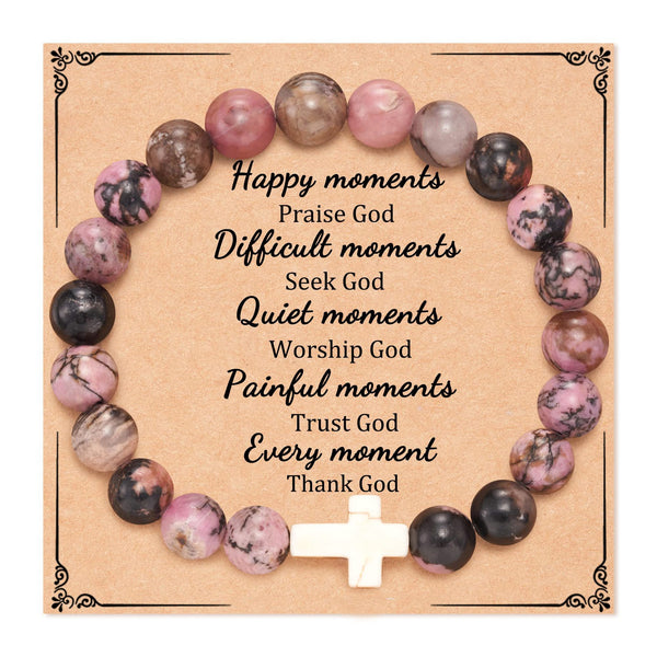 Rhodonite Beaded Cross Bracelet with Faith Message Card