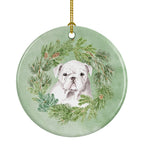 Bulldog Puppy White Christmas Wreath Ceramic Ornament